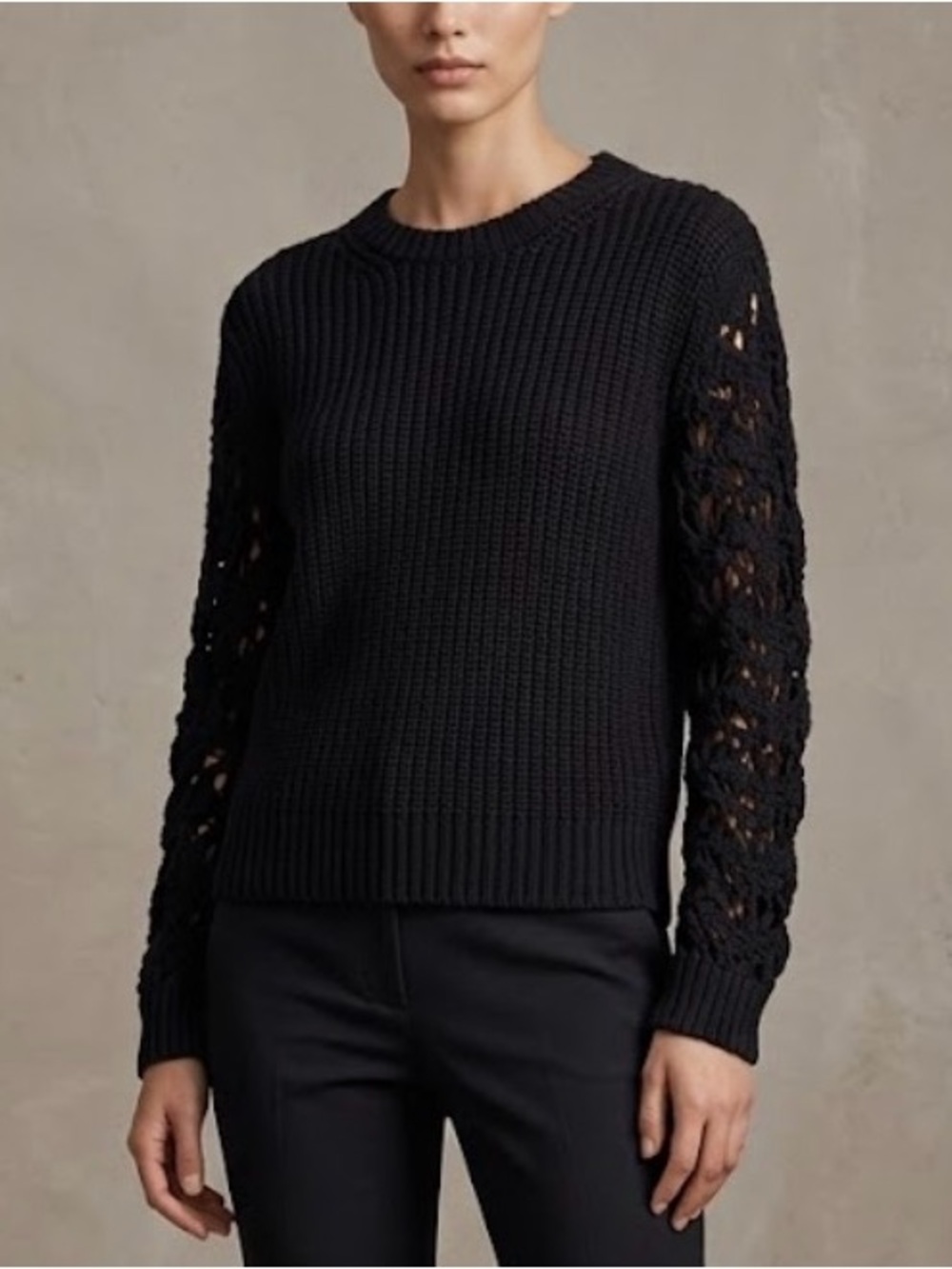 Wilfred Black Crewneck Sweater with Lace Knit Sleeves